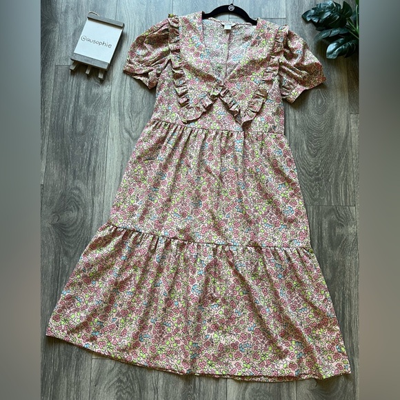 Monki floral print tiered midi dress w statement collar in multi floral print XS - Picture 6 of 15